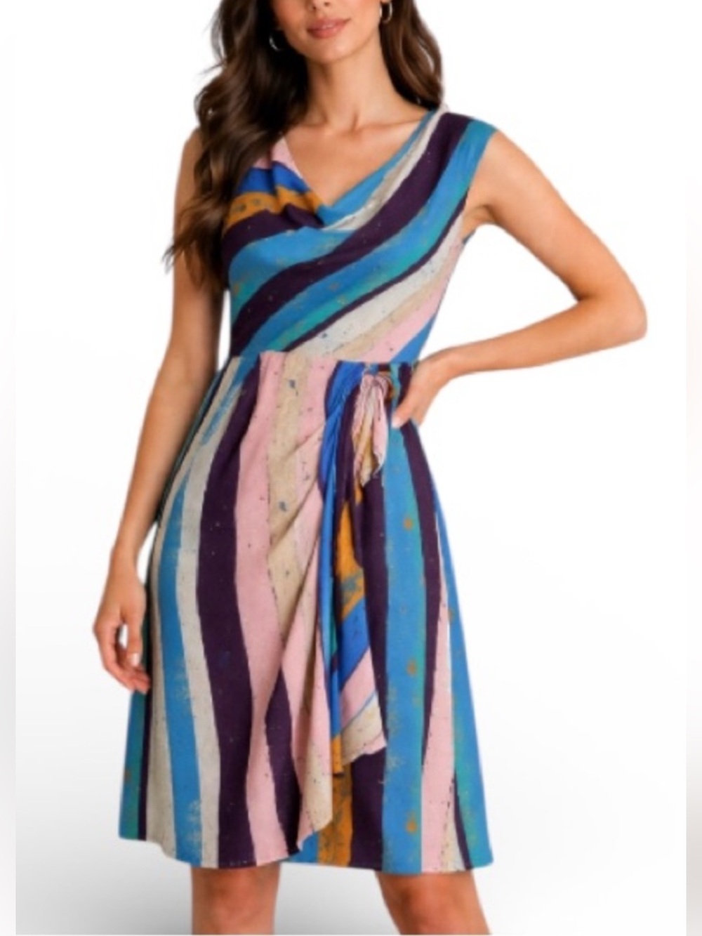 *SILK* Plenty by Tracy Reese Striped Cowl Neck Faux-Wrap Style Dress